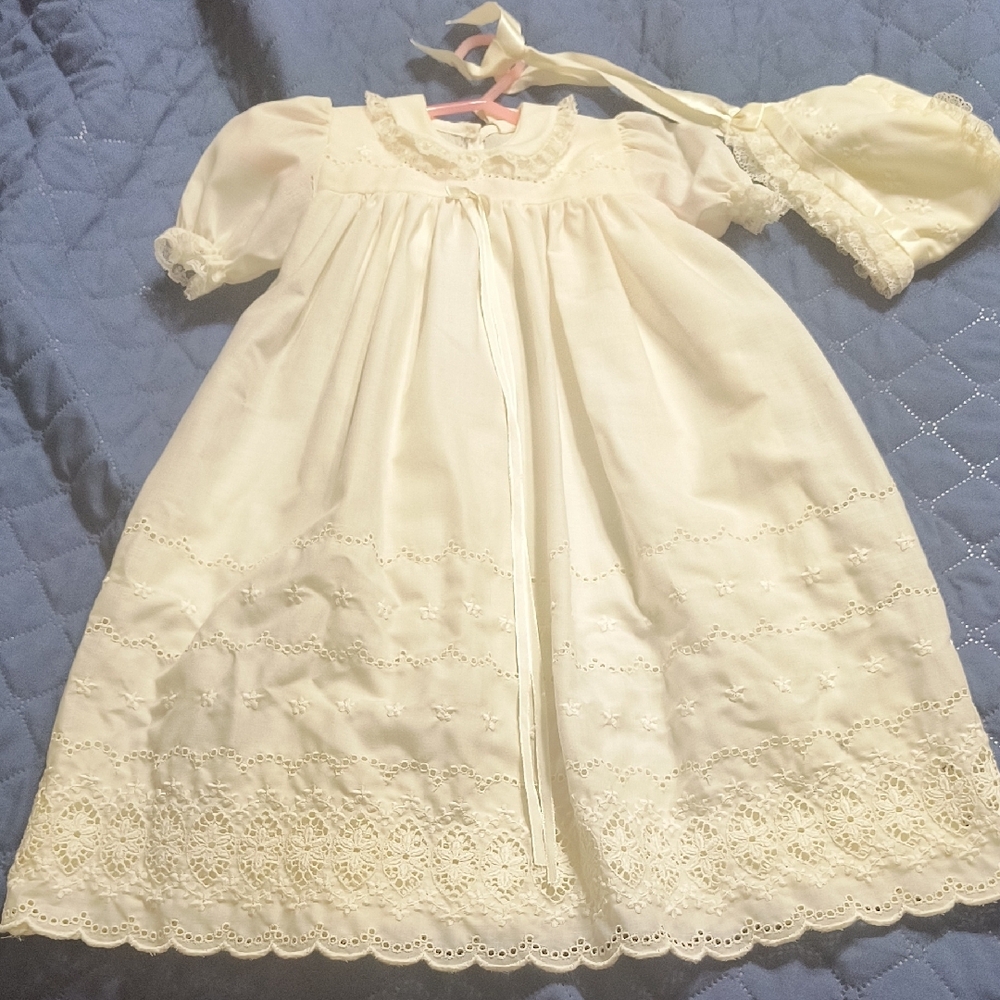 Christening Gown Cream Lace with Full Slip, Bonnet And Socks